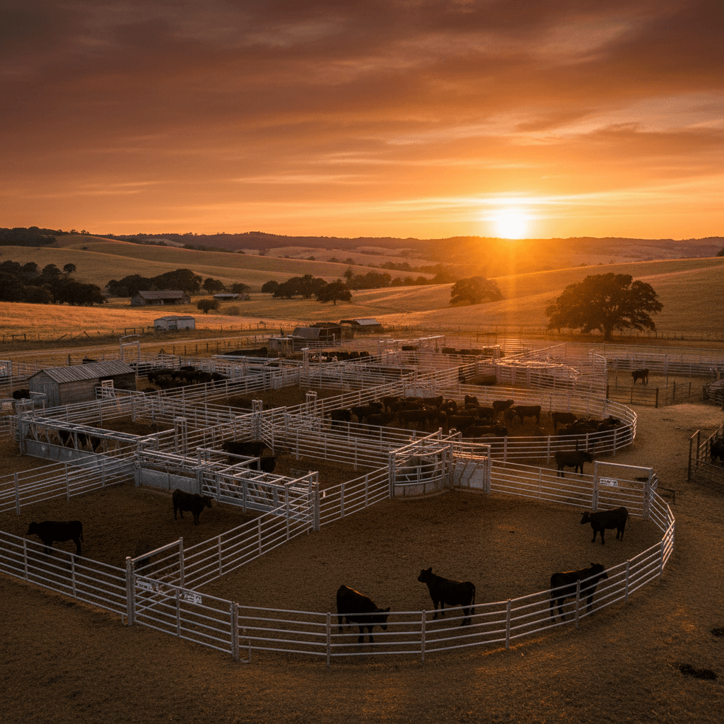 Cattle handling facility at sunset