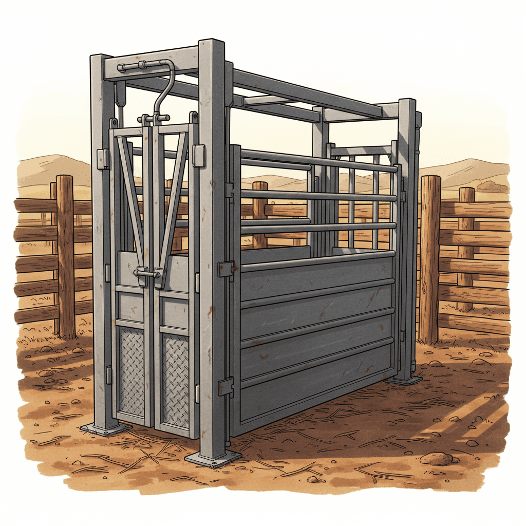 Cattle squeeze chute with headgate and side access panels